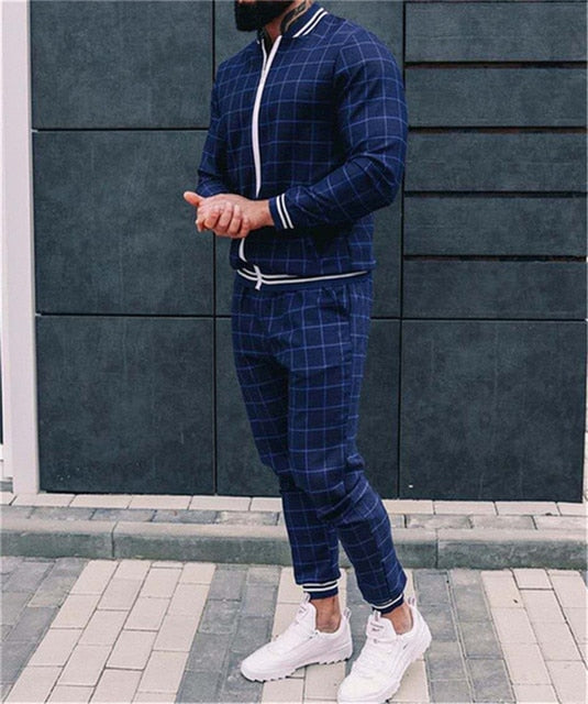 Mens Plaid Sports Suit Gentlemen Sets Jacket Men Set Tracksuit fitness Fashion Zipper 2 Pieces Mens Sets Sportswear Suit men