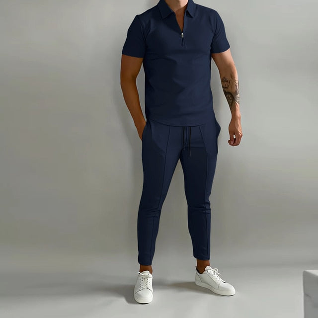 Men’s Summer Casual Short Sleeve Shirt Calf pants 2-piece set