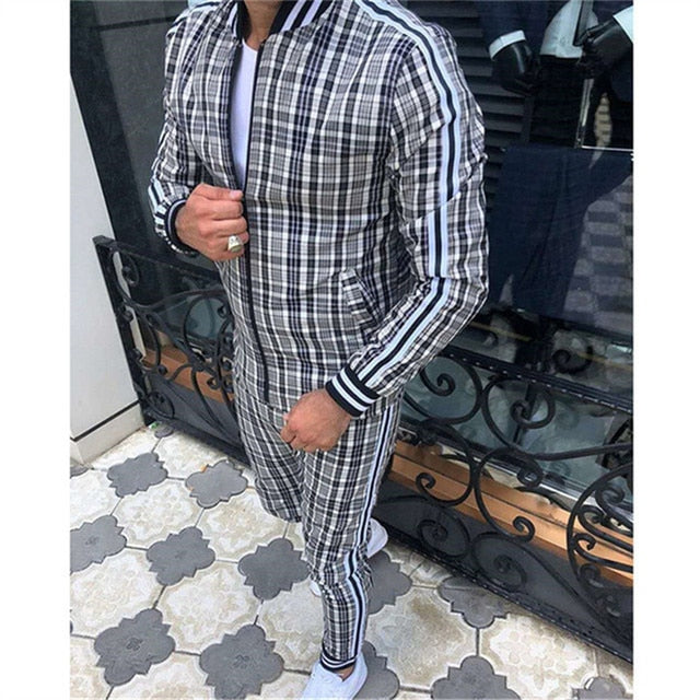 Mens Plaid Sports Suit Gentlemen Sets Jacket Men Set Tracksuit fitness Fashion Zipper 2 Pieces Mens Sets Sportswear Suit men