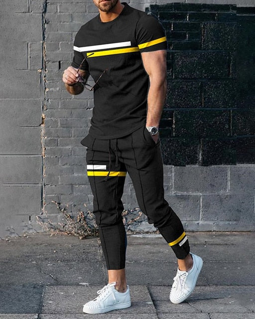 Men 2pcs Short Sleeve T-shirt Long Pants Set