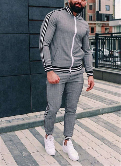 Mens Plaid Sports Suit Gentlemen Sets Jacket Men Set Tracksuit fitness Fashion Zipper 2 Pieces Mens Sets Sportswear Suit men