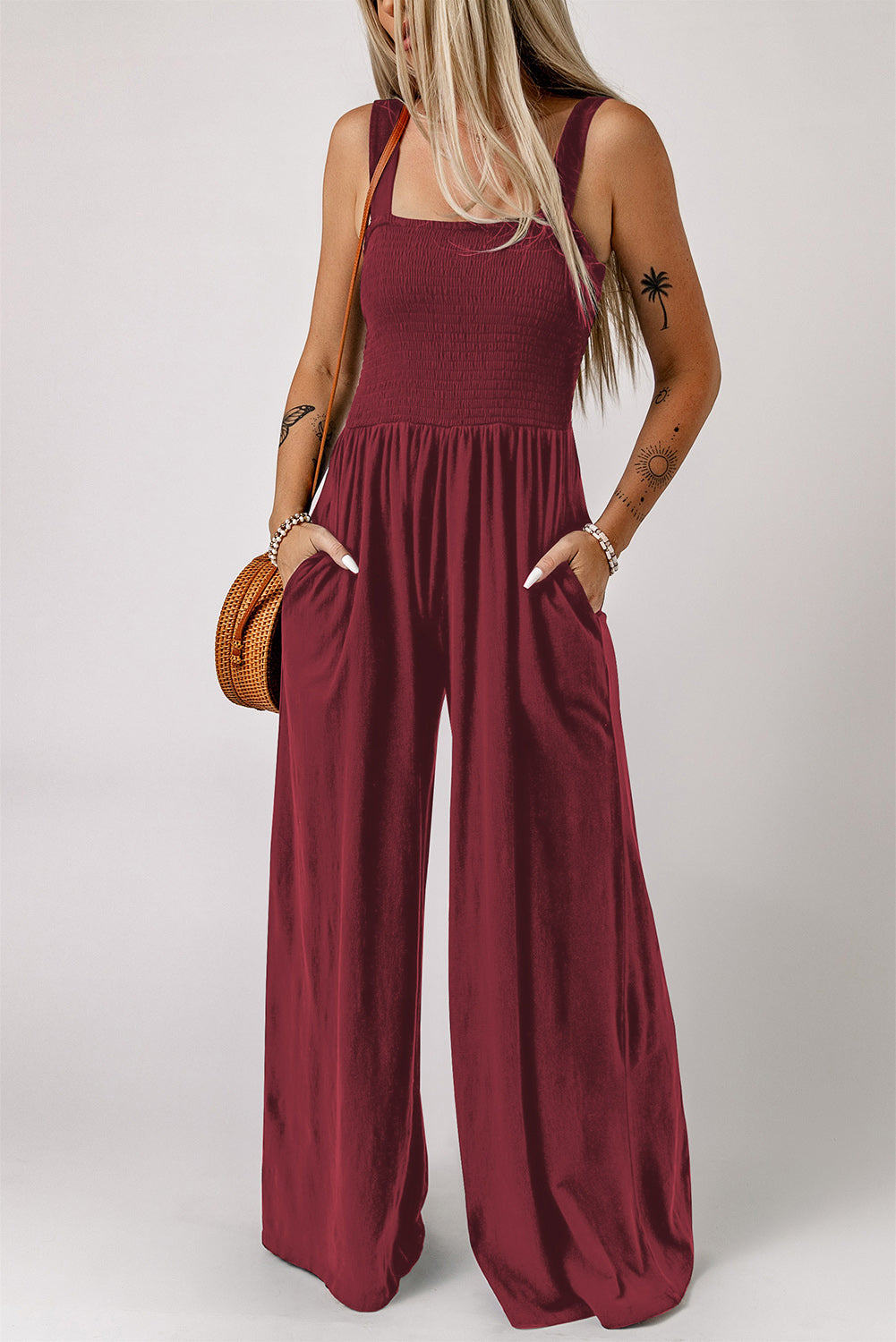 Smocked Square Neck Wide Leg Jumpsuit with Pockets Trendsi