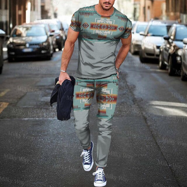 Mens Stripe Print T-shirt Trousers Set Rose’Mon Retail