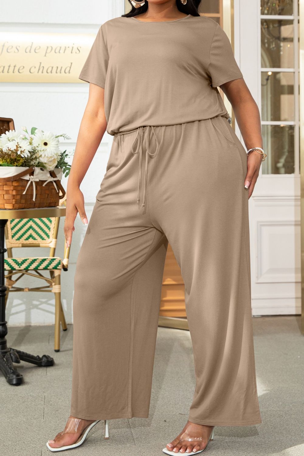 Plus Size Drawstring Waist Short Sleeve Jumpsuit Trendsi