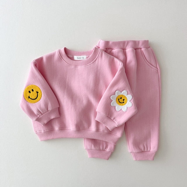 Warm Baby Girl Boy Clothes Set Embroidery Thicken Fleece Sweatshirt + Pant Baby Boy Tracksuit Toddler Girl Clothes Korea