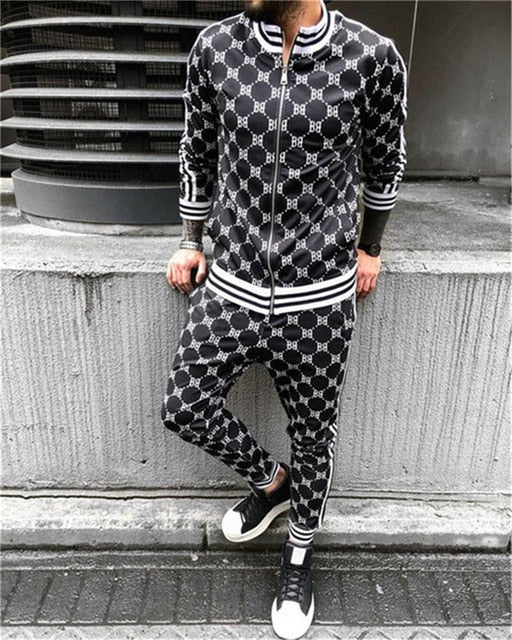 Mens Plaid Sports Suit Gentlemen Sets Jacket Men Set Tracksuit fitness Fashion Zipper 2 Pieces Mens Sets Sportswear Suit men