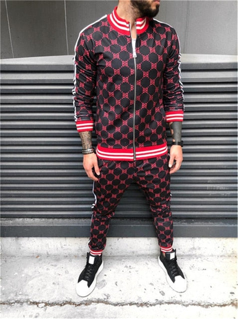 Mens Plaid Sports Suit Gentlemen Sets Jacket Men Set Tracksuit fitness Fashion Zipper 2 Pieces Mens Sets Sportswear Suit men