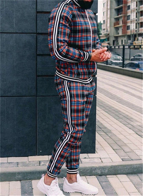 Mens Plaid Sports Suit Gentlemen Sets Jacket Men Set Tracksuit fitness Fashion Zipper 2 Pieces Mens Sets Sportswear Suit men