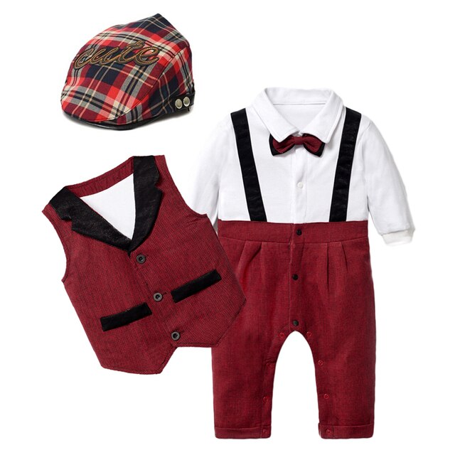 Baby Suits Newborn Boy Clothes Romper + Vest + Hat Formal Clothing Outfit Party Bow Tie Children Toddler Birthday Dress 0- 24 M - Rose’Mon Retail