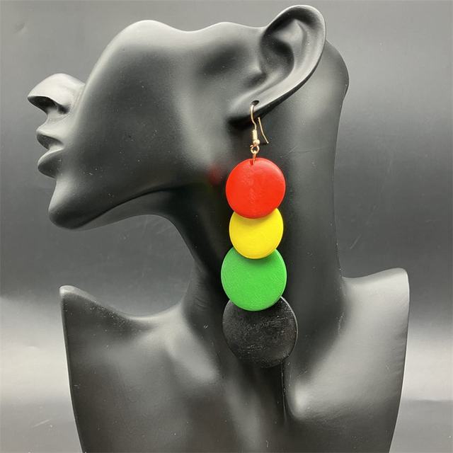 Rasta Pan African Long Wooden Earrings for Women Multilayer Wood Round Disc Dangle Earrings Juneteenth Jewelry Wholesale Rose’Mon Retail