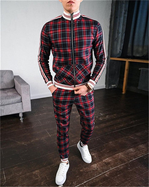 Mens Plaid Sports Suit Gentlemen Sets Jacket Men Set Tracksuit fitness Fashion Zipper 2 Pieces Mens Sets Sportswear Suit men