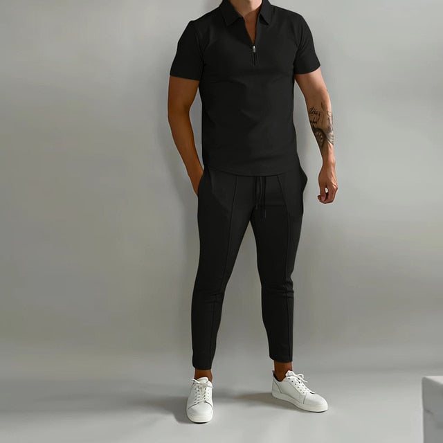 Men’s Summer Casual Short Sleeve Shirt Calf pants 2-piece set