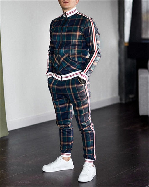 Mens Plaid Sports Suit Gentlemen Sets Jacket Men Set Tracksuit fitness Fashion Zipper 2 Pieces Mens Sets Sportswear Suit men