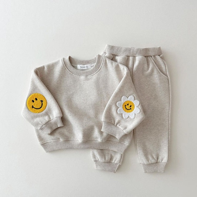 Warm Baby Girl Boy Clothes Set Embroidery Thicken Fleece Sweatshirt + Pant Baby Boy Tracksuit Toddler Girl Clothes Korea