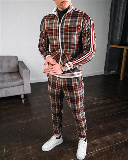 Mens Plaid Sports Suit Gentlemen Sets Jacket Men Set Tracksuit fitness Fashion Zipper 2 Pieces Mens Sets Sportswear Suit men