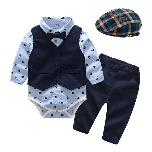 Baby Suits Newborn Boy Clothes Romper + Vest + Hat Formal Clothing Outfit Party Bow Tie Children Toddler Birthday Dress 0- 24 M - Rose’Mon Retail