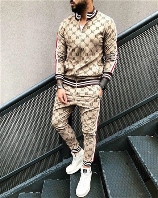 Mens Plaid Sports Suit Gentlemen Sets Jacket Men Set Tracksuit fitness Fashion Zipper 2 Pieces Mens Sets Sportswear Suit men