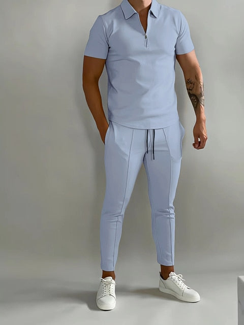 Men’s Summer Casual Short Sleeve Shirt Calf pants 2-piece set