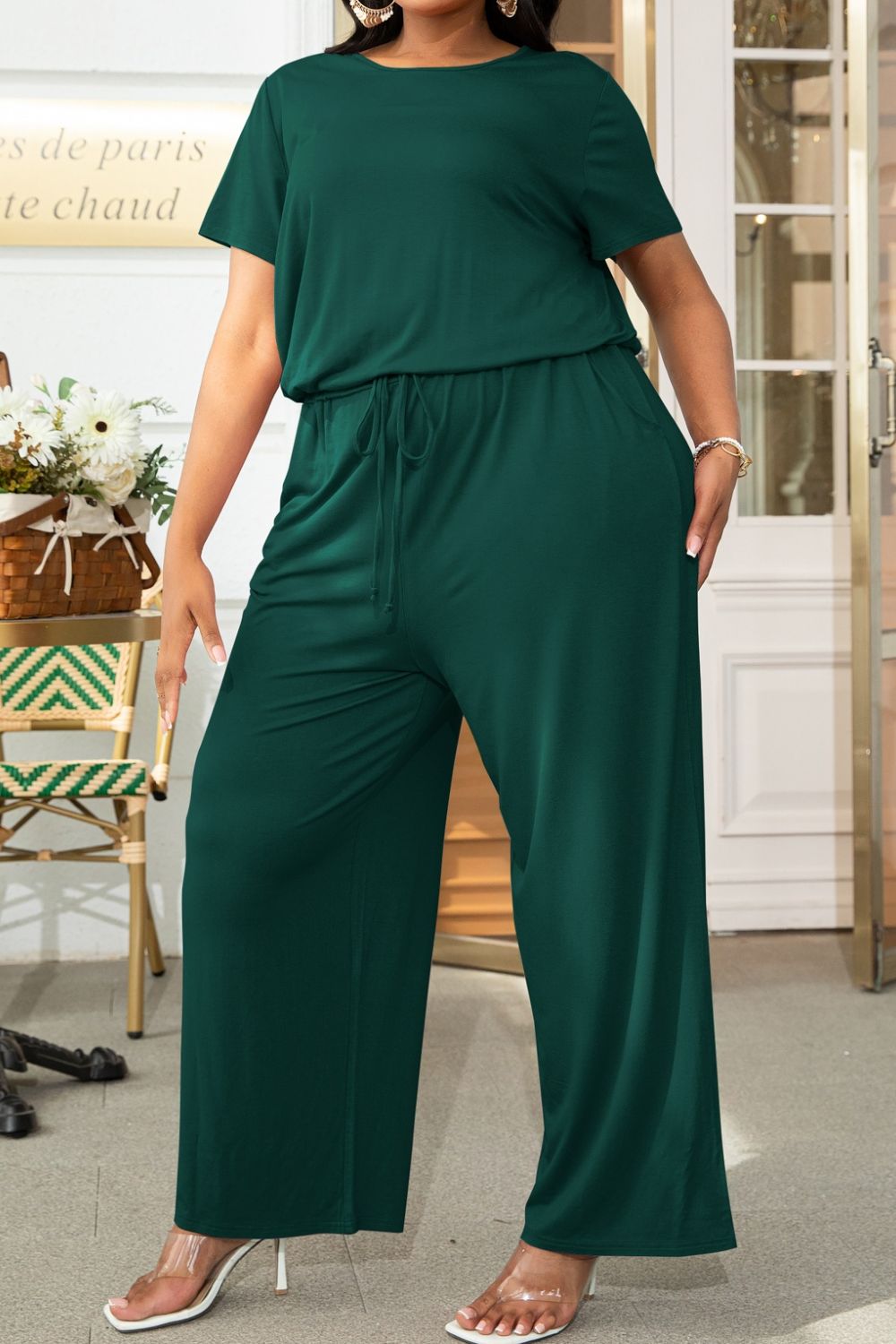 Plus Size Drawstring Waist Short Sleeve Jumpsuit Trendsi