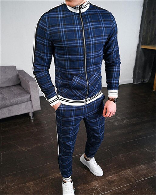 Mens Plaid Sports Suit Gentlemen Sets Jacket Men Set Tracksuit fitness Fashion Zipper 2 Pieces Mens Sets Sportswear Suit men