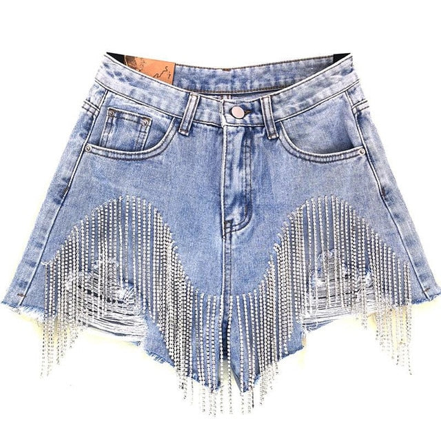 Tassel Rhinestone Denim Shorts Rose’Mon Retail