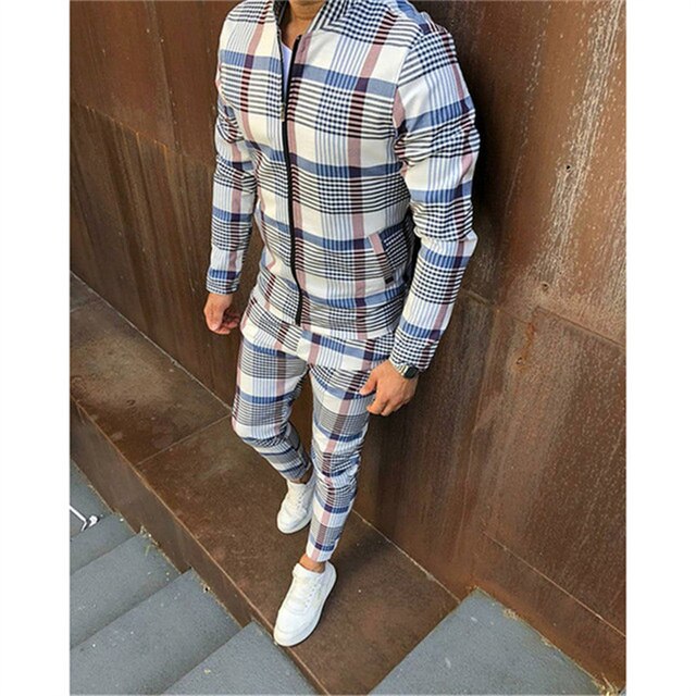 Mens Plaid Sports Suit Gentlemen Sets Jacket Men Set Tracksuit fitness Fashion Zipper 2 Pieces Mens Sets Sportswear Suit men