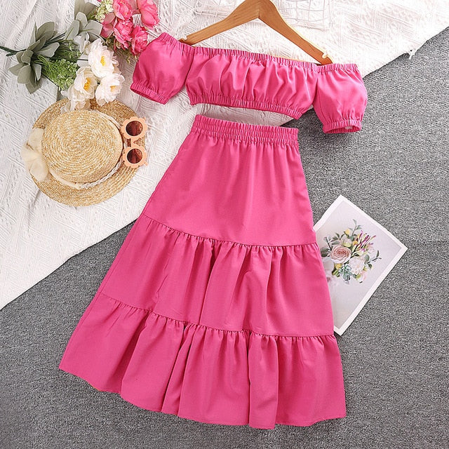 Baby Girls Clothes Set Solid Off Shoulder Crop T-shirt Tops Flowers Printed Ruffle Skirts Outfit Clothes Rose’Mon Retail