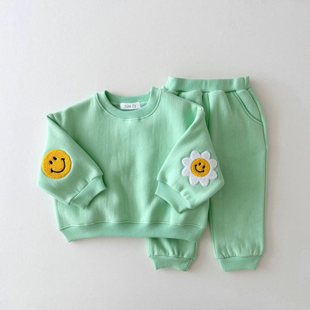 Warm Baby Girl Boy Clothes Set Embroidery Thicken Fleece Sweatshirt + Pant Baby Boy Tracksuit Toddler Girl Clothes Korea