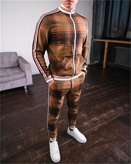 Mens Plaid Sports Suit Gentlemen Sets Jacket Men Set Tracksuit fitness Fashion Zipper 2 Pieces Mens Sets Sportswear Suit men