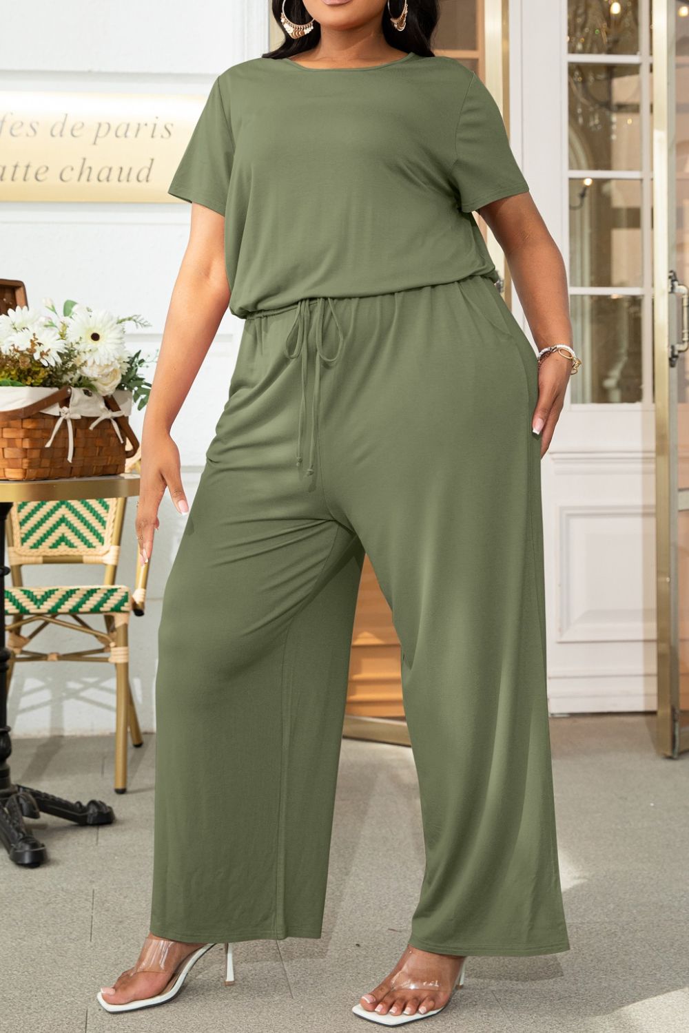 Plus Size Drawstring Waist Short Sleeve Jumpsuit Trendsi