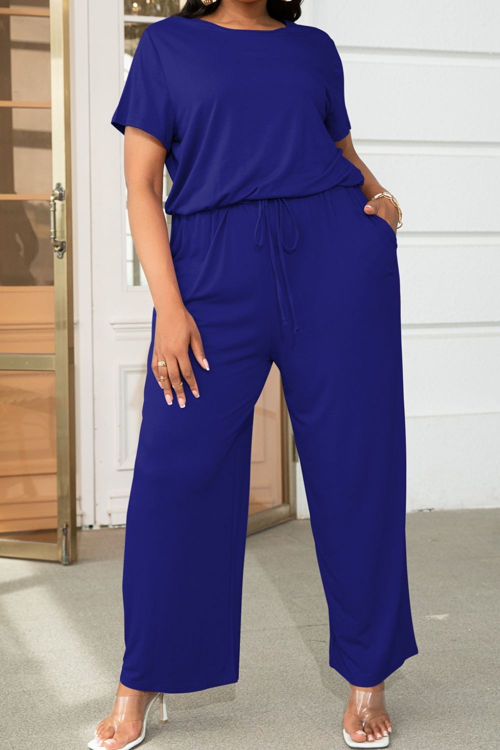 Plus Size Drawstring Waist Short Sleeve Jumpsuit Trendsi