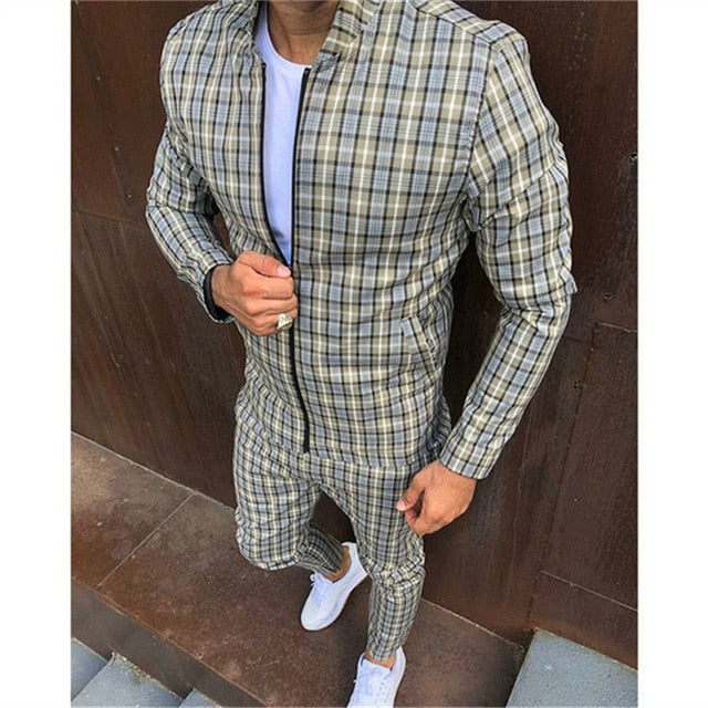 Mens Plaid Sports Suit Gentlemen Sets Jacket Men Set Tracksuit fitness Fashion Zipper 2 Pieces Mens Sets Sportswear Suit men