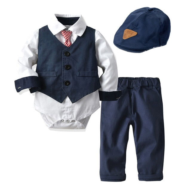 Baby Suits Newborn Boy Clothes Romper + Vest + Hat Formal Clothing Outfit Party Bow Tie Children Toddler Birthday Dress 0- 24 M - Rose’Mon Retail