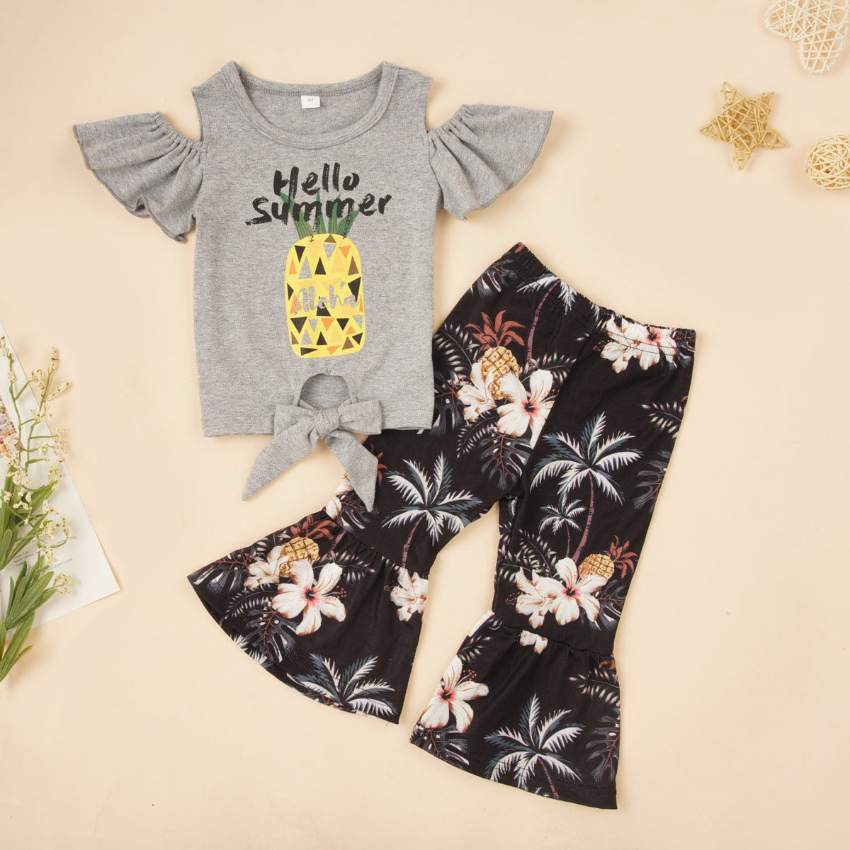 HELLO SUMMER Graphic Top and Floral Flare Pants Set Trendsi