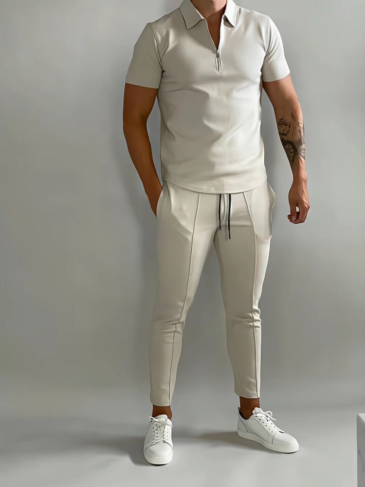 Men’s Summer Casual Short Sleeve Shirt Calf pants 2-piece set