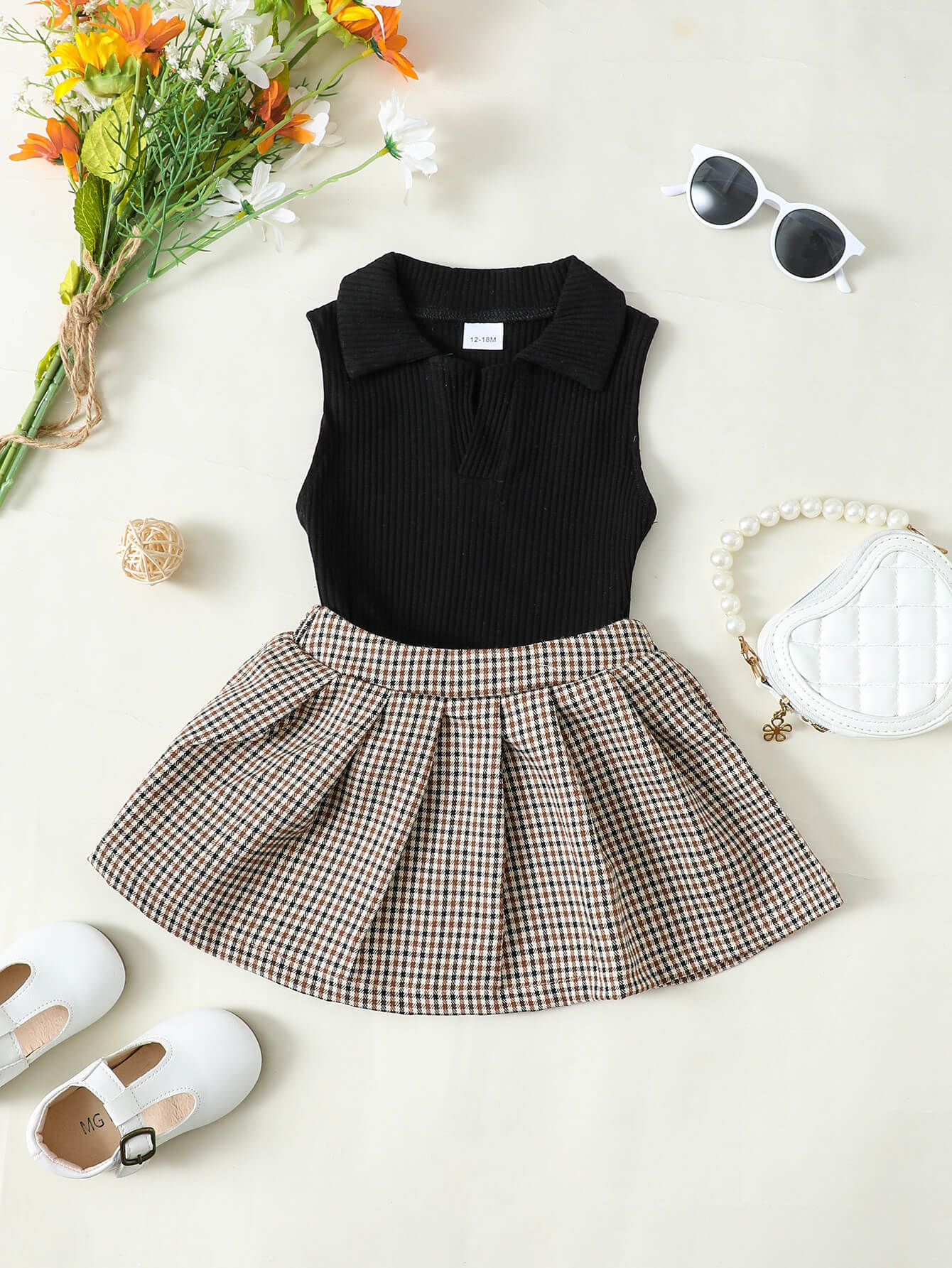 Girls Ribbed Sleeveless Top and Plaid Skirt Set Trendsi