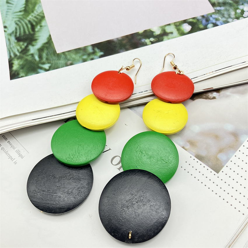 Rasta Pan African Long Wooden Earrings for Women Multilayer Wood Round Disc Dangle Earrings Juneteenth Jewelry Wholesale Rose’Mon Retail