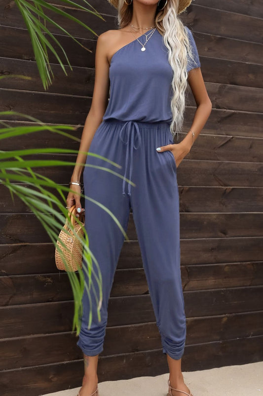 Drawstring Waist One-Shoulder Jumpsuit with Pockets Trendsi