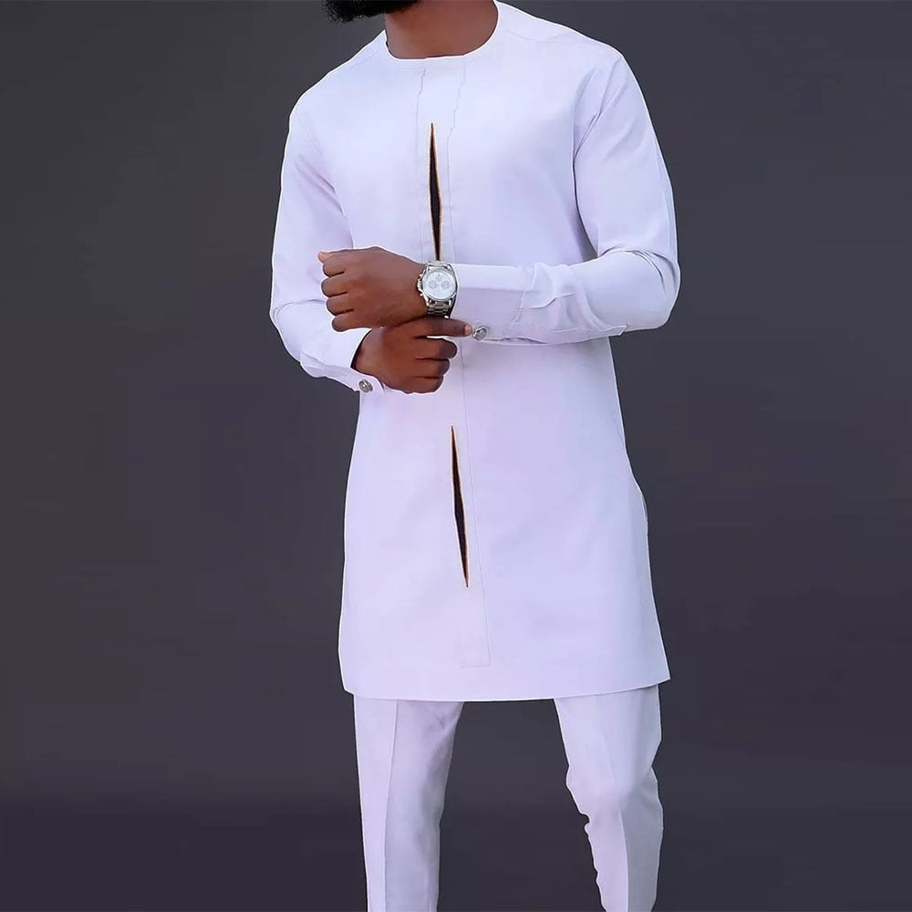 Men Dashiki Long Sleeve Shirt White Trouser Set Mens 2 Pieces Outfit Suit Traditional Male Clothes T-shirt Pant Suits For Men