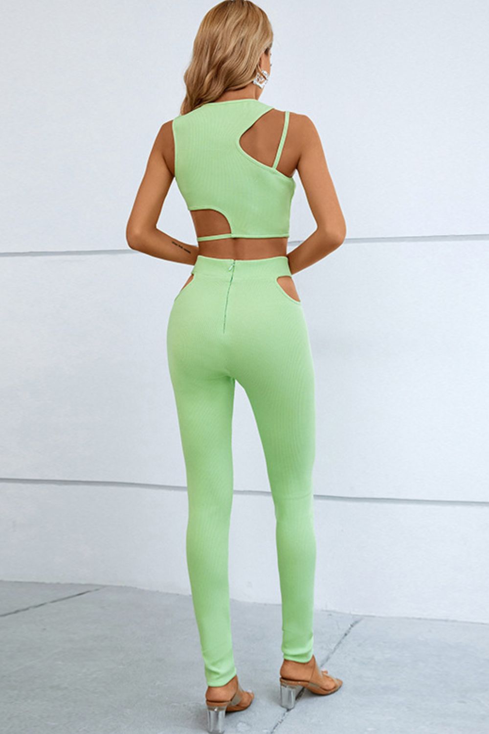 Asymmetrical Ribbed Cutout Tank and Pants Set Trendsi