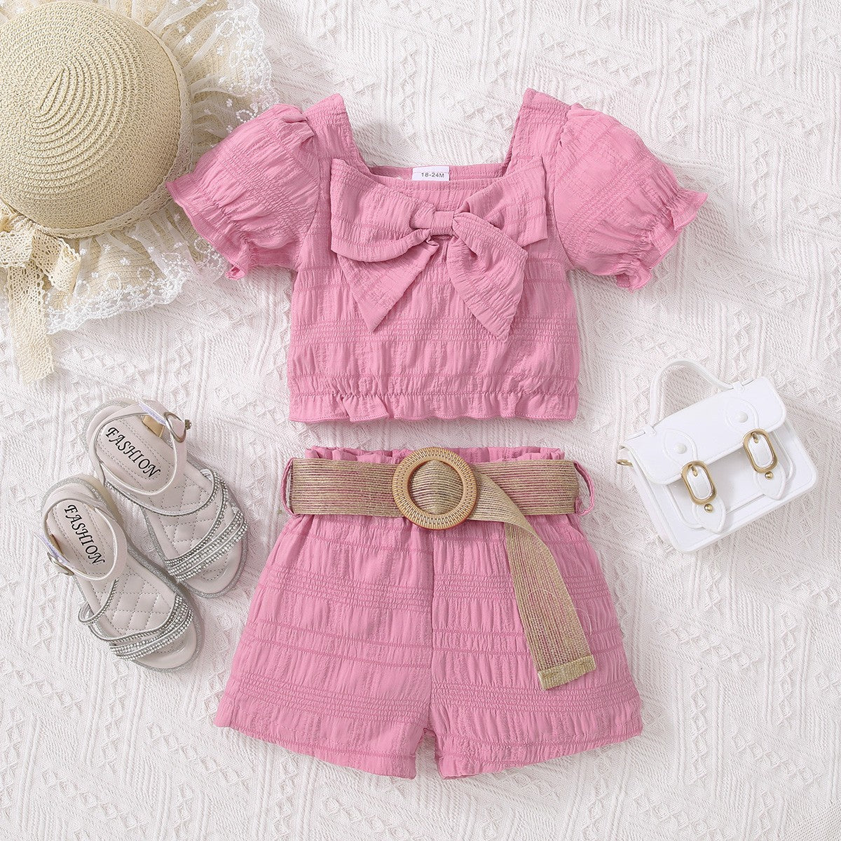 Kids Textured Bow Detail Top and Belted Shorts Set Trendsi