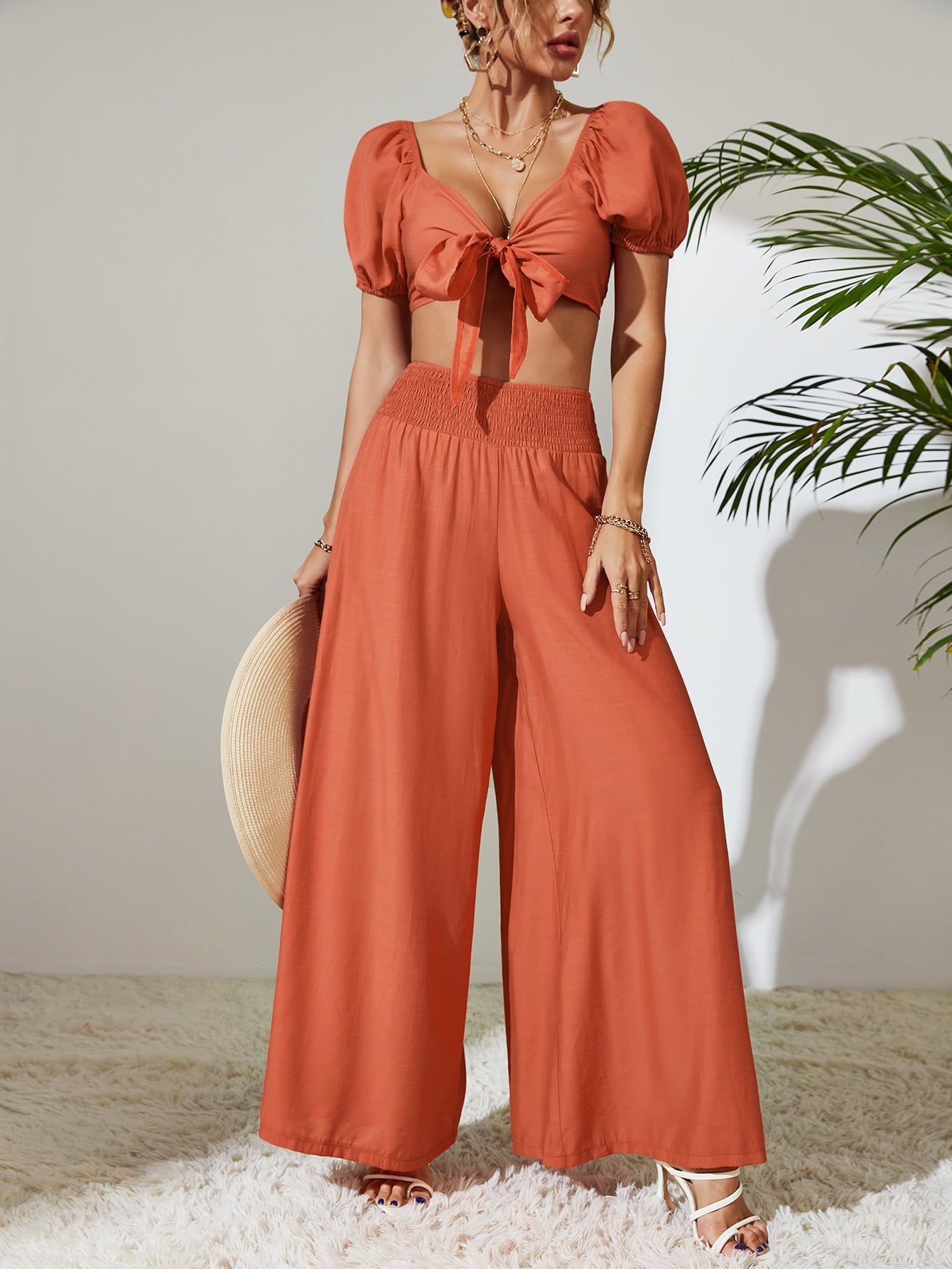 Tie Front Cropped Top and Smocked Wide Leg Pants Set Trendsi