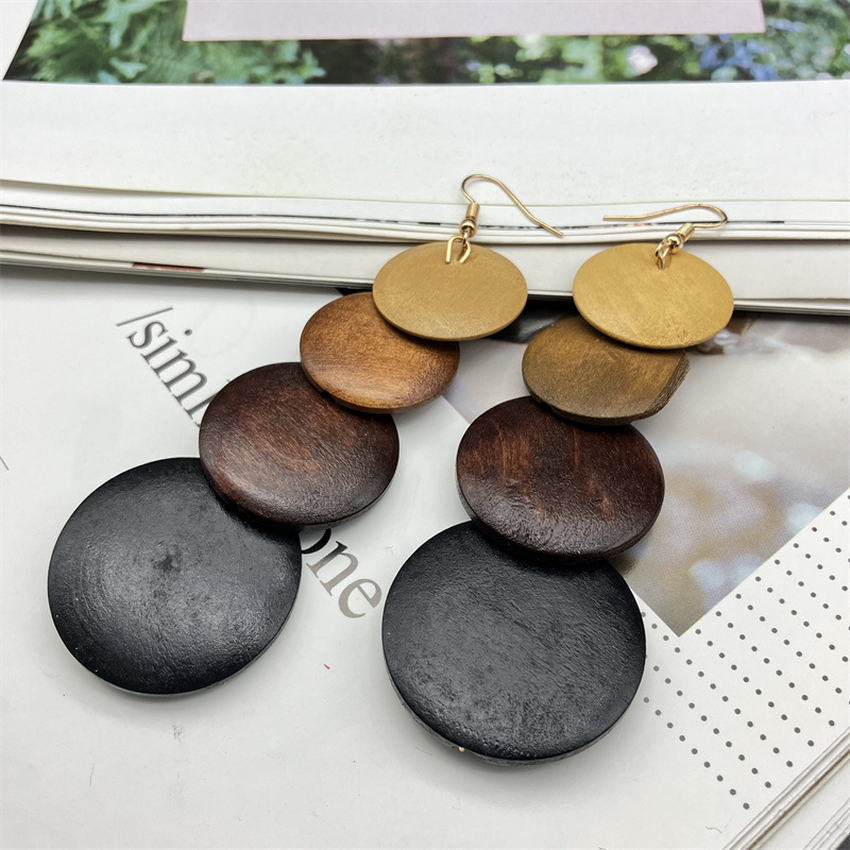 Rasta Pan African Long Wooden Earrings for Women Multilayer Wood Round Disc Dangle Earrings Juneteenth Jewelry Wholesale Rose’Mon Retail