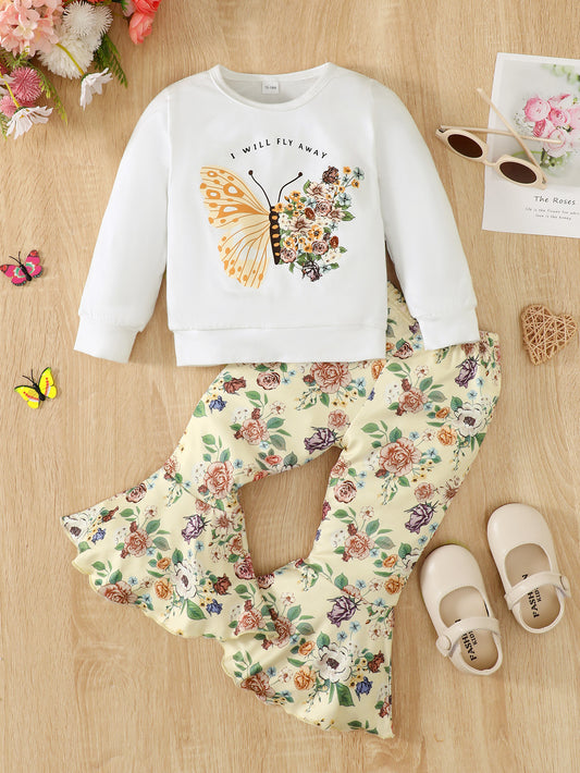 I Will FLY AWAY Butterfly Graphic Tee and Floral Print Flare Pants Kit Trendsi