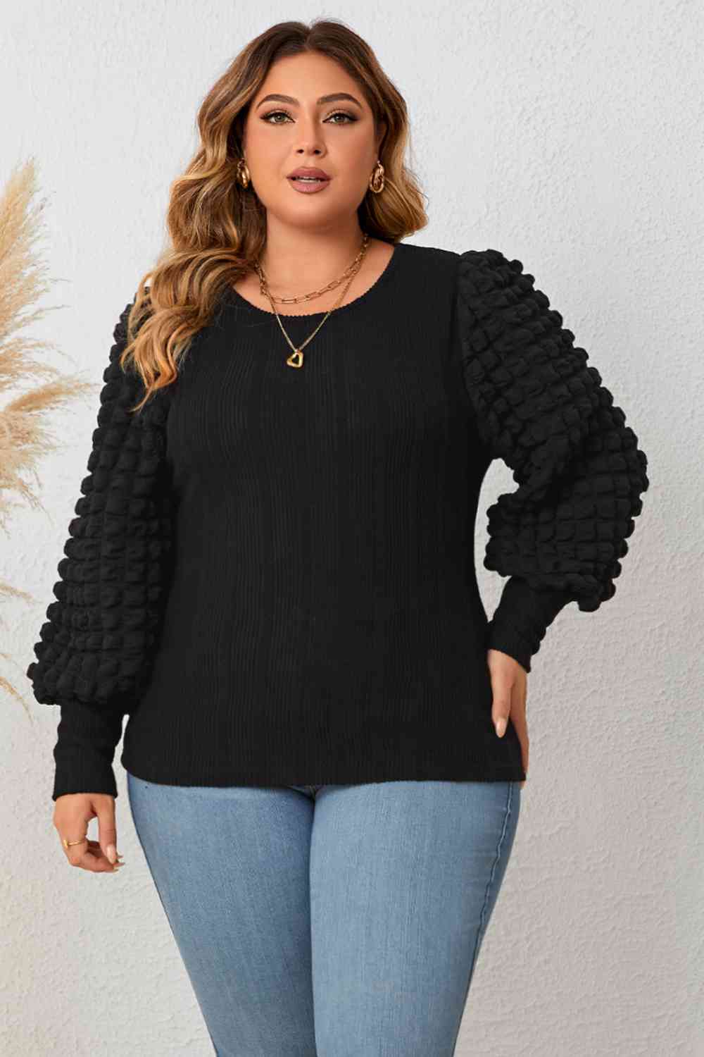 Plus Size Round Neck Lantern Sleeve Blouse Trendsi