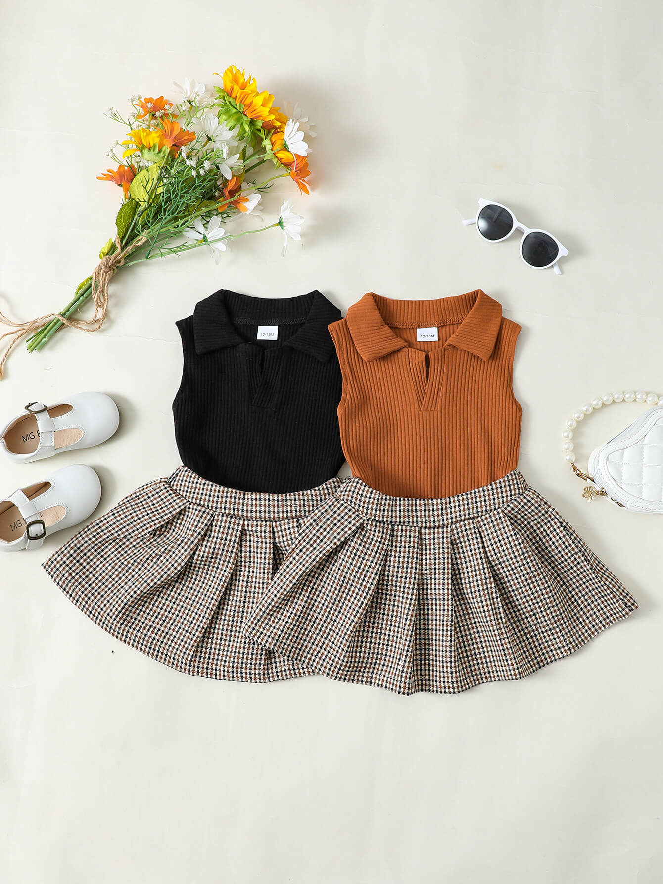 Girls Ribbed Sleeveless Top and Plaid Skirt Set Trendsi