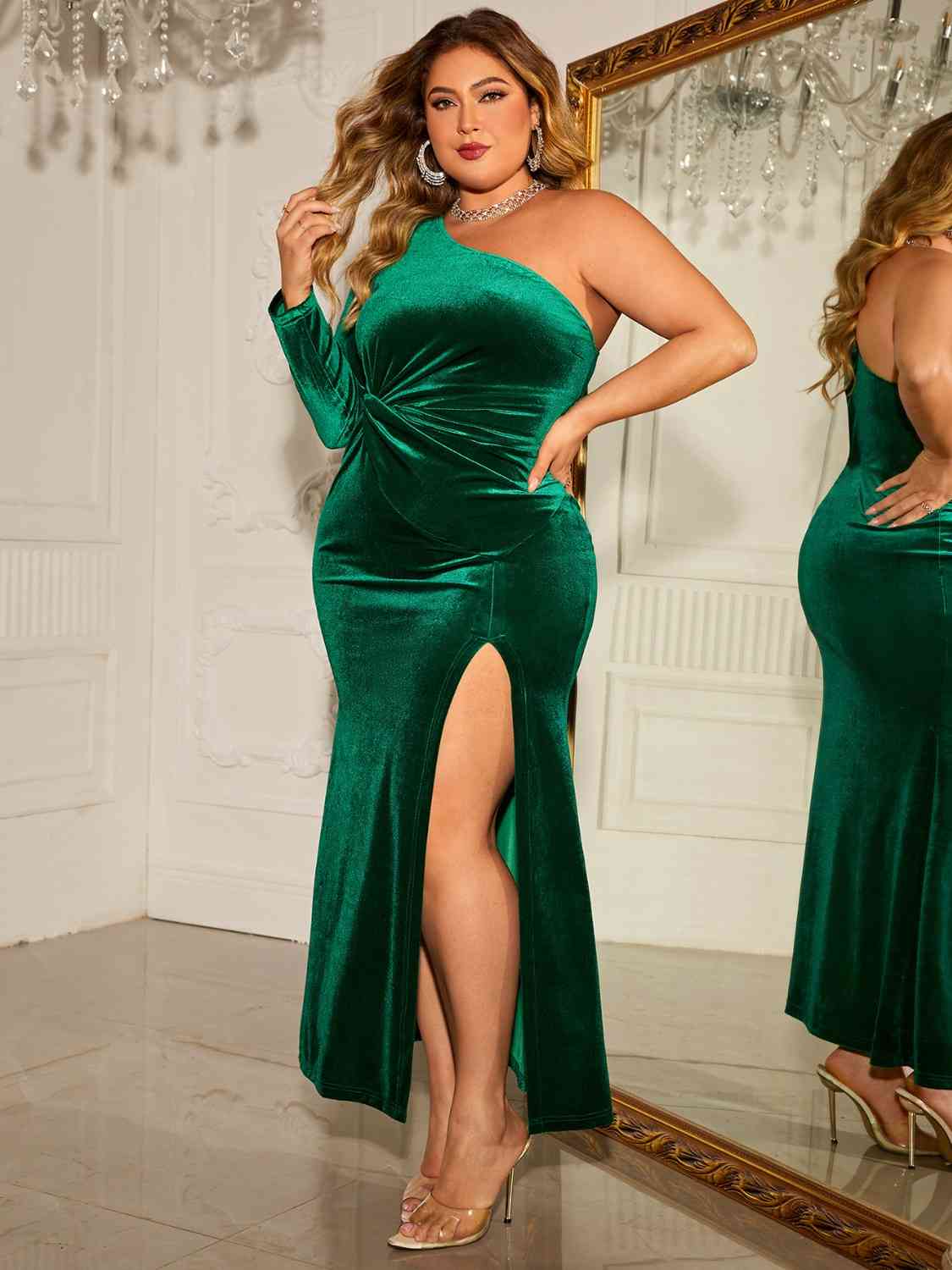 Plus Size One-Shoulder Twisted Split Dress Trendsi