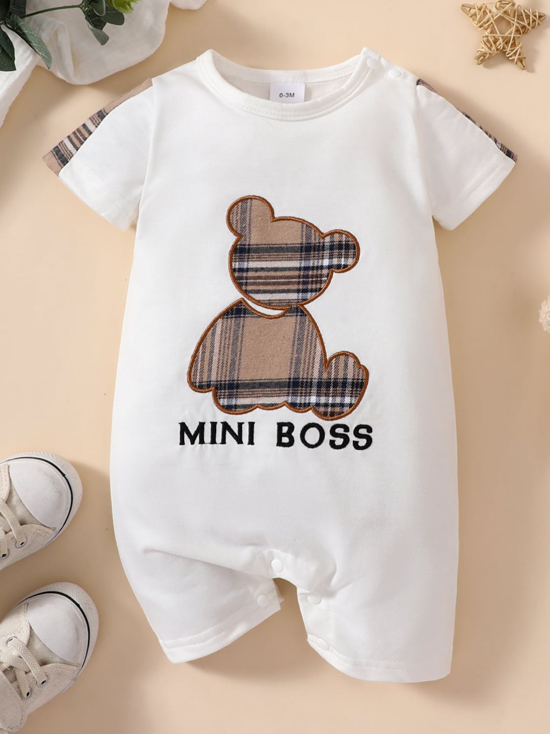 Baby MINI BOSS Bear Graphic Short Sleeve Jumpsuit Trendsi