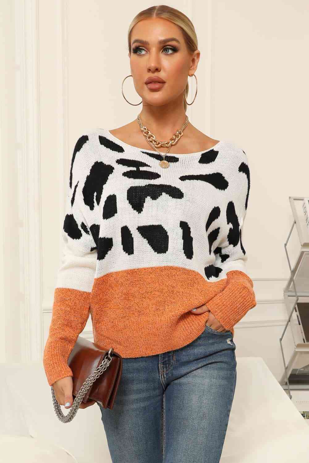 Full Size Two-Tone Boat Neck Sweater Trendsi