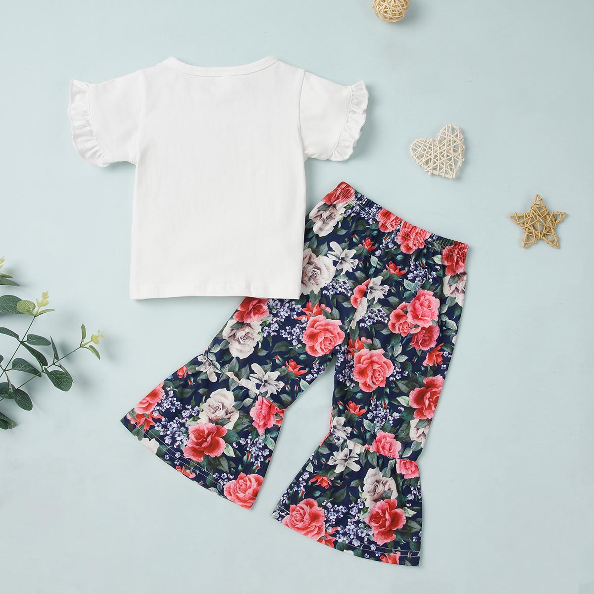 Round Neck PRETTY GIRL Graphic T-Shirt and Floral Print Pants Set Trendsi